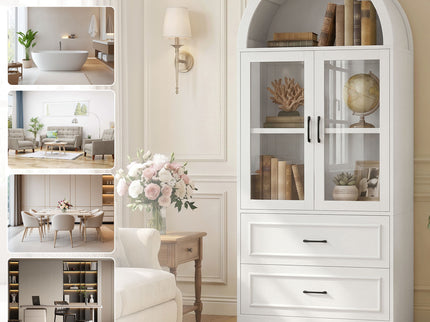 Arched Top Storage Cabinet With Fixed 2 Tier Shelves, 2 Large Drawers