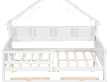 House Style Platform Bed With LED Lights, Storage Shelves, Drawers, And Guardrail