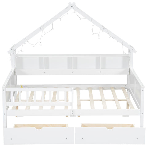 House Style Platform Bed With LED Lights, Storage Shelves, Drawers, And Guardrail