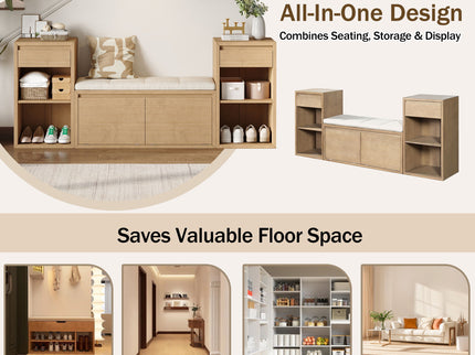 Entryway Storage Bench With Cushion, Drawers & Open Shelves