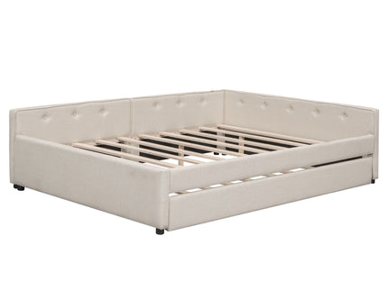 Queen Size Upholstered Platform Bed With USB And Twin Trundle - Beige