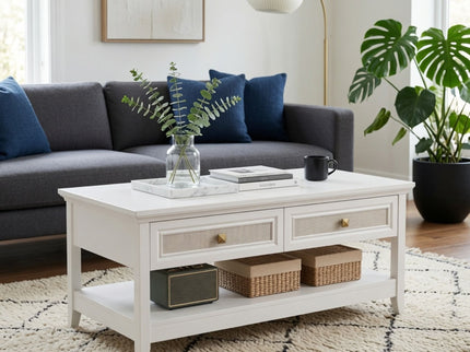 Coffee Table With Drawers & Storage Shelf - White