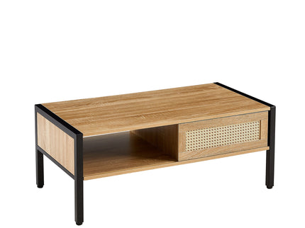 40.16" Rattan Coffee Table, Sliding Door For Storage, Metal Legs, Modern Table For Living Room