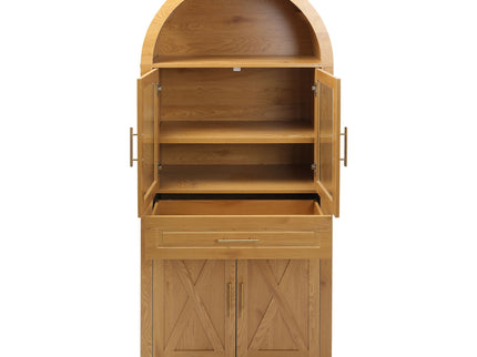 Arched Kitchen Pantry Cabinet With Adjustable Shelves And Barn Door Design