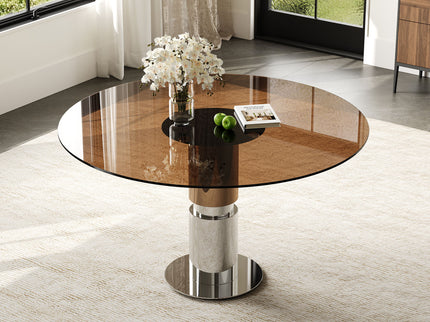 Round Dining Table / Tempered Glass Top - Brown