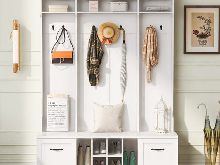 5 In 1 Entryway Bench With Coat Rack, 7 Sturdy Hooks, 2 Spacious Drawers And Adjustable Shelves