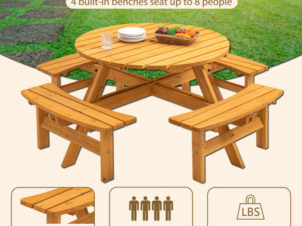 8 Person Wooden Picnic Table, Outdoor Camping Dining Table With Seat, Garden, Diy With 4 Built-In Benches, 2220Lb Capacity