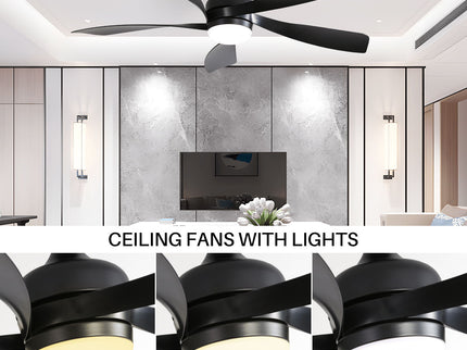 52" Ceiling Fan With 3 Color Dimmable LED Light, 5 Blades, Remote Control, Reversible DC Motor