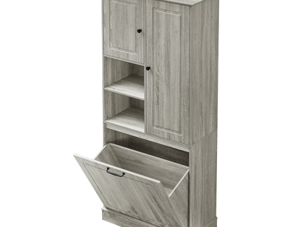Modern Tall Storage Cabinet With Adjustable Shelves, Flip-Out Basket & Enclosed Doors