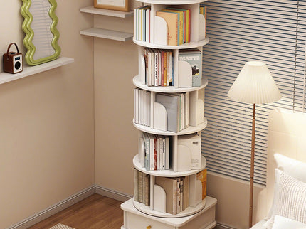 Rotating Bookshelf With Wheels And Drawer, 360° Spinning Design, Space Saving Storage