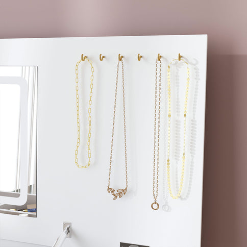 Flip Top Vanity Desk With LED Mirror & Outlet Makeup Table With 2 Drawers, Open Storage, And Jewelry Hooks - White