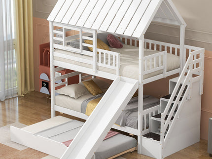 House Bunk Bed With Trundle, Storage Staircase, Roof And Window Design