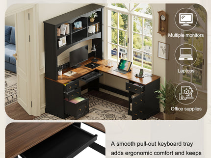 Space Saving L-Shaped Computer Desk With Keyboard Tray & Charging Stations