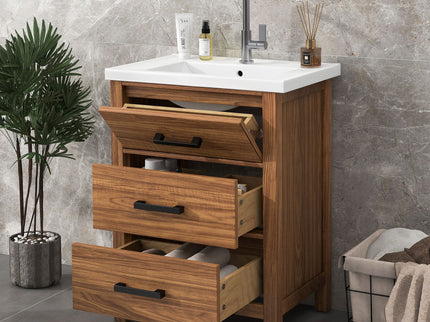 24'' Bathroom Vanity With Basin Sink, 3 Drawer Storage Cabinet - Natural Wood