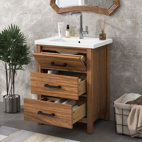 24'' Bathroom Vanity With Basin Sink, 3 Drawer Storage Cabinet - Natural Wood