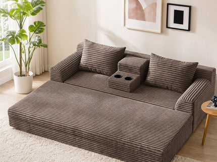 Soft Striped Convertible Sofa Bed, Dual Use Lounge Couch With Cup Holders And Pillows