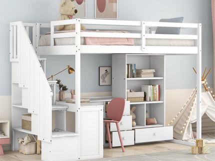 Loft Bed With L Shaped Desk, Drawers, Cabinet, And Storage Staircase