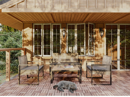 4 Piece Patio Furniture Set With Acacia Wood Table Top And Cushions
