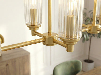 Willow - 8 Lights Island With Clear Ribbed Pendant Lamp Satin - Antique Brass / Clear / Gold