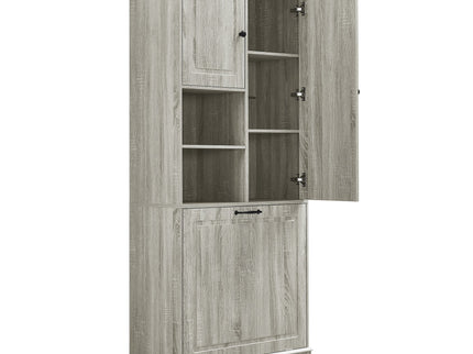 Modern Tall Storage Cabinet With Adjustable Shelves, Flip-Out Basket & Enclosed Doors