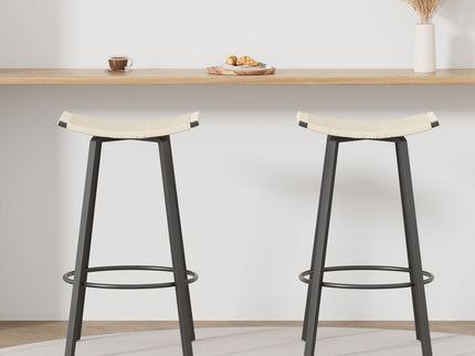 Counter Height Bar Stools Backless Handwoven Kitchen Dining Chairs With Round Footrest (Set of 2) Weaving Pub Stoo - Creamy White