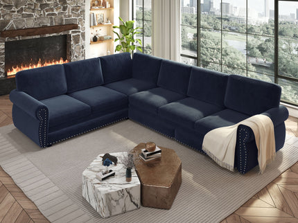 L-Shaped Sofa Couch With Pull Out Bed With Nailhead Trim & Rolled Arm