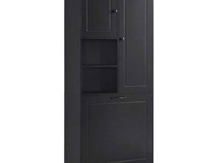 Modern Tall Storage Cabinet With Adjustable Shelves, Flip-Out Basket & Enclosed Doors