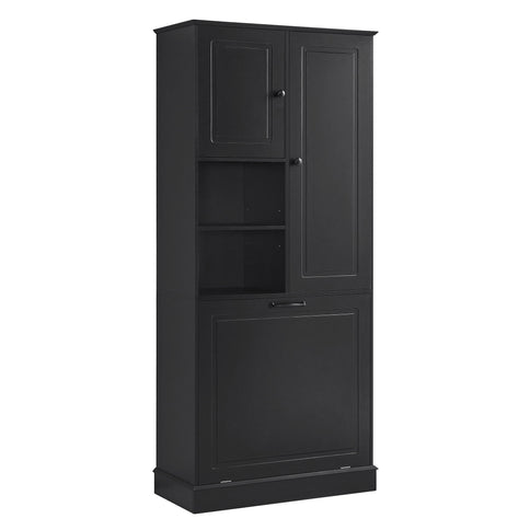 Modern Tall Storage Cabinet With Adjustable Shelves, Flip-Out Basket & Enclosed Doors
