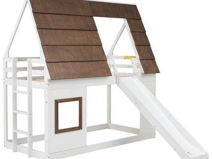 Wood Twin Size House Bunk Bed With Roof, Ladder And Slide - White / Brown