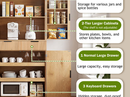 Fluted Kitchen Pantry Cabinet With 3 Keyboard Drawers & 6 Door Shelves Adjustable