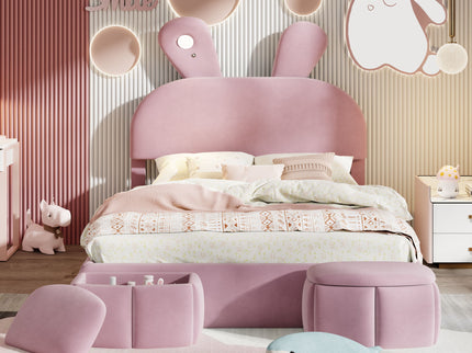 Full Upholstered Platform Bed With Cartoon Ears Headboard And LED Light - Pink