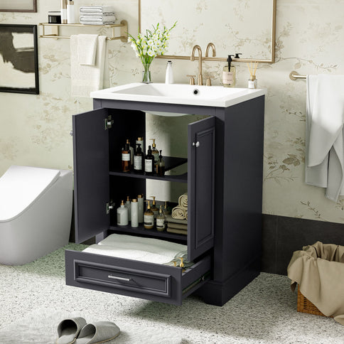 Bathroom Vanity With Ceramic Sink Combo, Modern Freestanding Storage Cabinet With Silver Handles