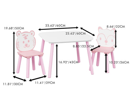 Table And Chair Set, 3 Piece Wooden Toddler Desk With Animal Backrest - Pink / White