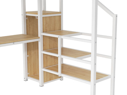 Loft Bed With Desk, Storage Staircase, Small Wardrobe And LED Light