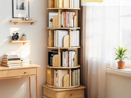 6 Tier Rotating Bookshelf With Wheels And Drawer, 360° Spinning Design, Space Saving Storage, For Home - Wood