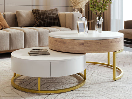 Modern Round Lift-Top Nesting Coffee Tables With 2 Drawers