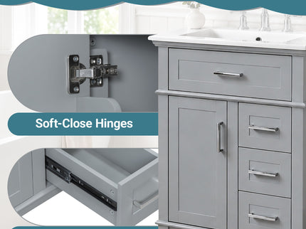 Modern Bathroom Vanity With Sink, Flip Drawer & 3 Drawers, Soft Close Hinges, Adjustable Shelf