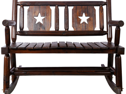 Rustic Outdoor Wood Rocking Bench Double Rocking Chair For 2 Persons With Curved Seat, Porch Rocker - Brown