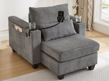 Convertible Chaise Lounge Sofa Chair With USB Ports, Cup Holders, Phone Holder And Storage
