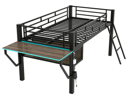 Gaming - Twin Loft Bed With Desk And LED - Black