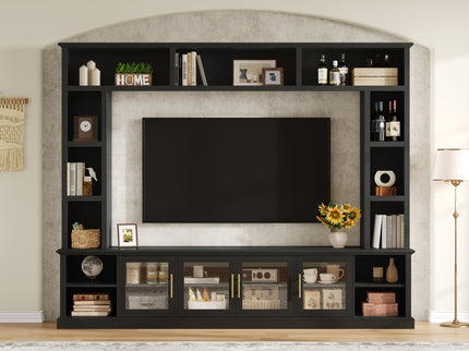 All-In-One Entertainment Center With Bookshelves & Tempered Glass Doors, TV Console Unit For Living Room
