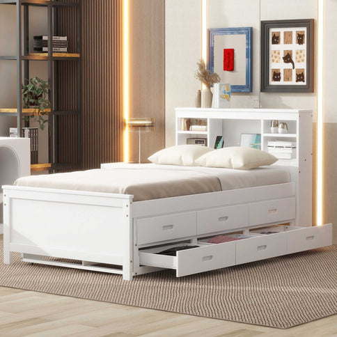 Platform Bed With Storage Headboard, USB, Trundle And 3 Drawers