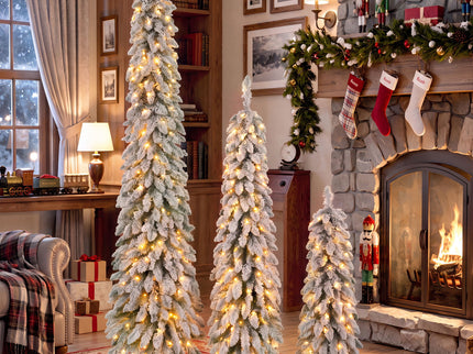 Slim Snow Flocked Pre Lit Pencil Christmas Tree, 3.9Ft / 5.9Ft / 7.9Ft With 750 Branch Tips, 480 LED Lights, Warm Glow, For Indoor Holiday Decor - White