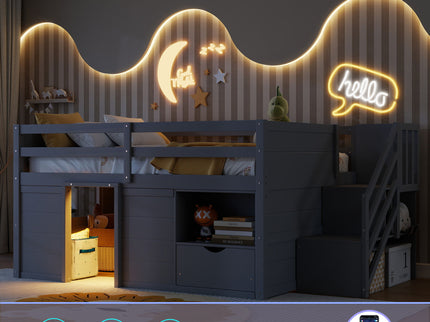 Low Loft Bed Frame With Built In Stairs, Storage Drawer, Shelf And 7 Color LED Light