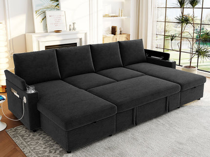 U Shaped Sectional Sofa Bed With Storage Chaise Lounges, USB Ports, And Cup Holders