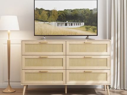 Rattan 6 Drawers Chest Of Dressers For Bedroom, Modern 6 Drawer Dresser, Wide Chest Of Drawers With Wood Handles, Rattan Dresser Storage Cabinet For Living Room, Bedroom, Hallway - Natural Wood / Oak