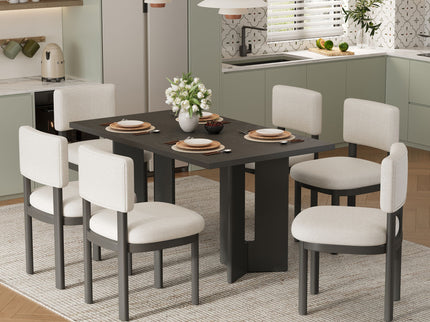 Dining Table Set With 6 Upholstered Chairs, Rectangular Table With Cutout Legs