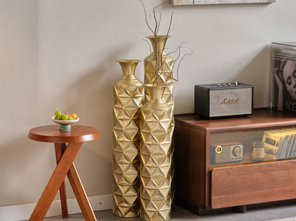 Metal Decorative Vase High Distress Metal Center Vase With 3D Triangle Pattern, (Set of 3) Vases For Home Decoration - Gold