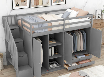 Loft Bed With 3 Shelves, 2 Wardrobes, 2 Drawers, Ladder Storage