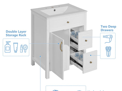 Elegant Bathroom Vanity With Ceramic Sink, Soft Close Doors And Drawers, Double Storage Racks